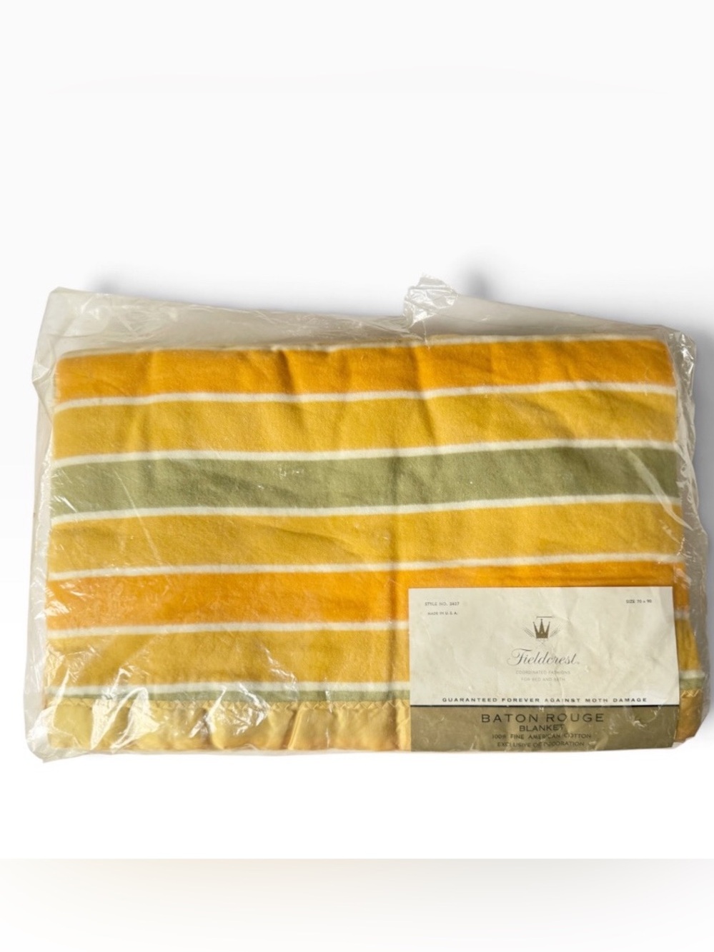 Vintage Fieldcrest Baton Rogue Stripe Sage Yellow Cotton Blanket Twin 70x90 NEW